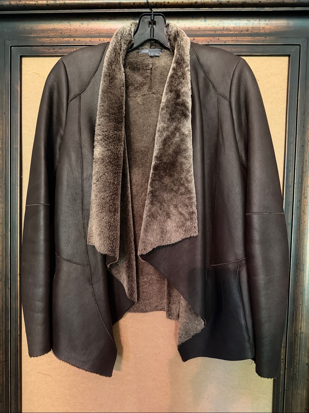 Vince Brown Lamb Leather Shearling Open Drape Front Jacket